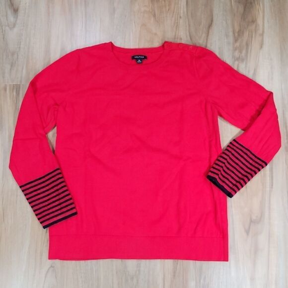 🔹️Nautica Red & Black Stripe Long Sleeve Sweater XLarge - Picture 1 of 7